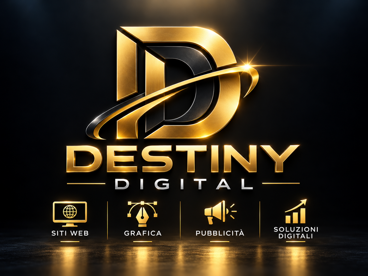 Monogramma DD di Destiny Digital in oro e nero, con orbita dorata