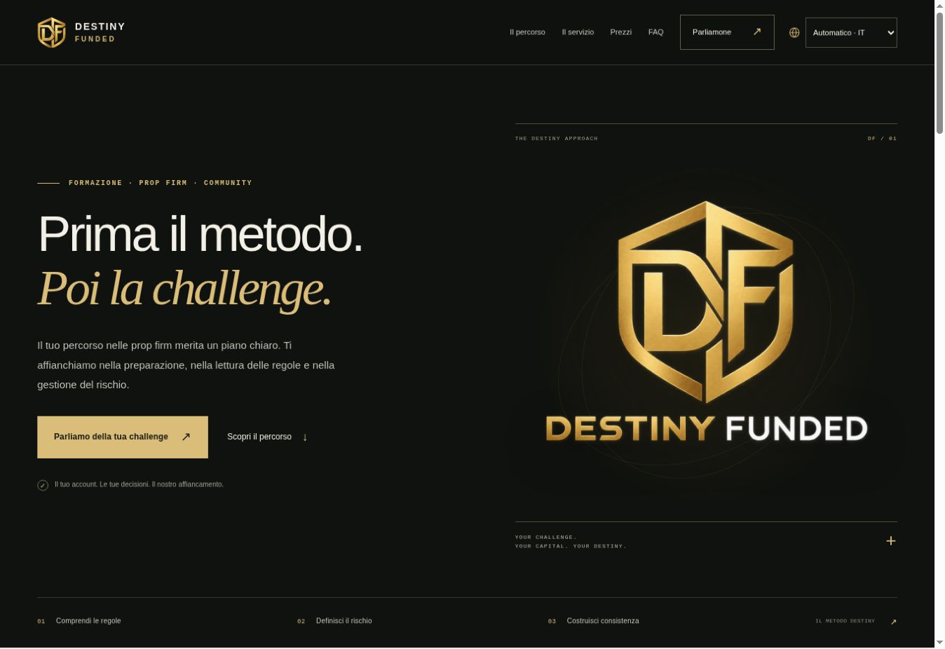 Homepage Destiny Funded, con monogramma oro su sfondo scuro