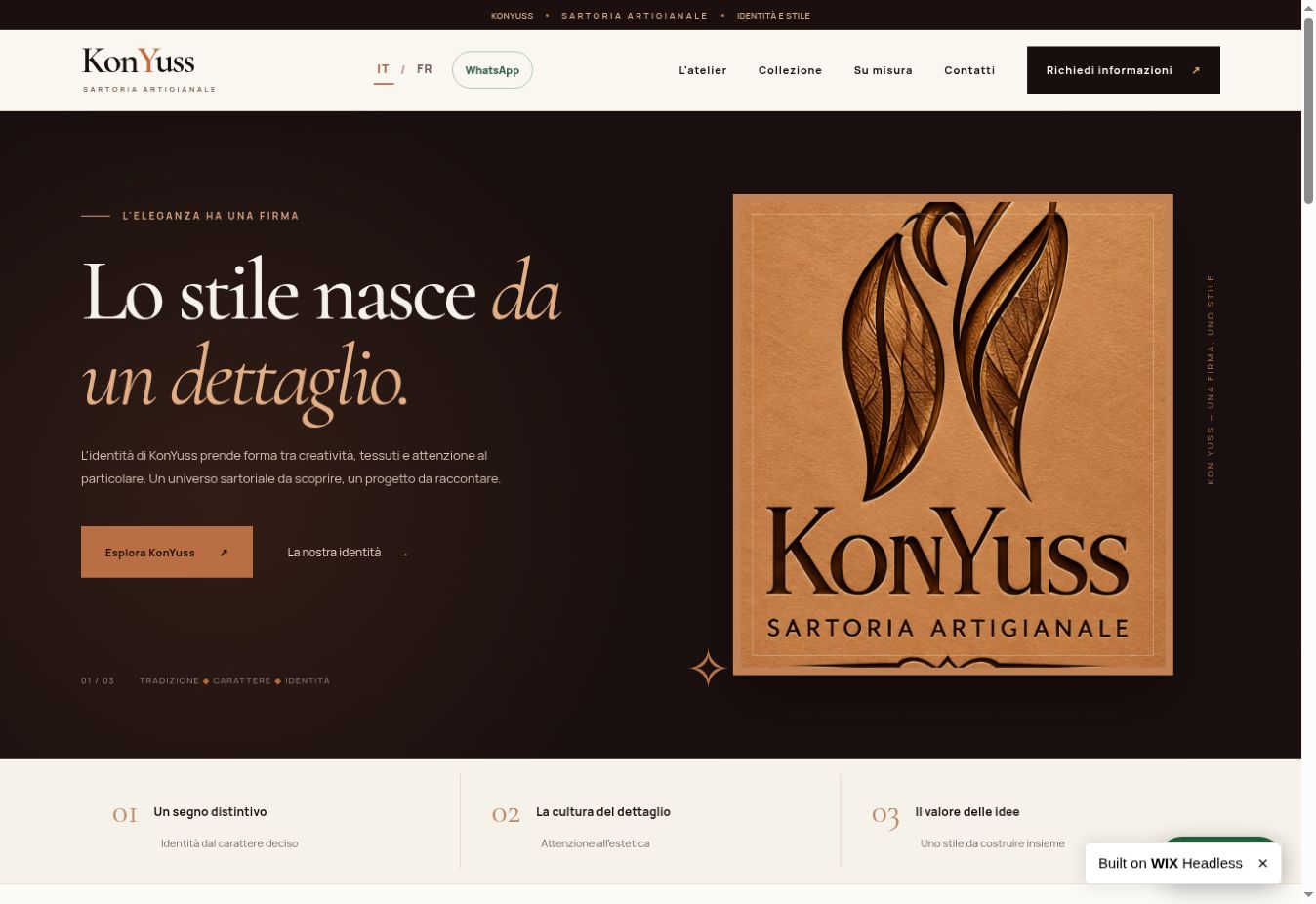 Homepage KonYuss con logo rame e identità della sartoria